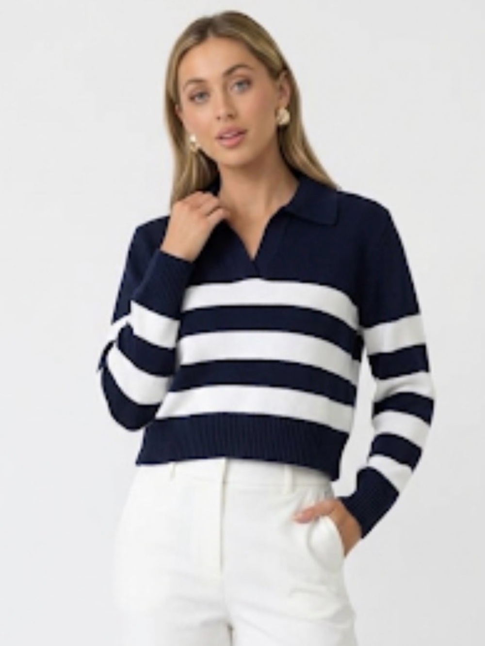 Quince NWT 100% Organic Cropped Cotton Polo Sweater Navy/White Size M